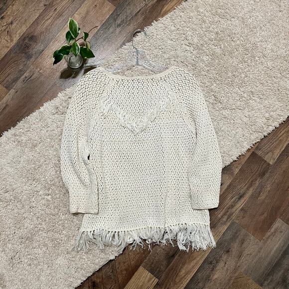 Joie Size Small Oversized Cream 3/4 Sleeve Fringe Hem Open Knit Pullover Sweater - Picture 5 of 5